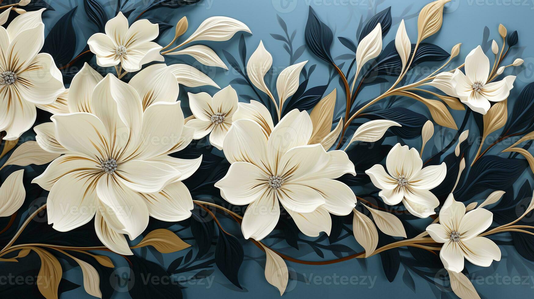 AI generated White flowers on blue background, This close-up photo of white flowers on a blue background is both simple and elegant. The delicate flowers are in sharp focus