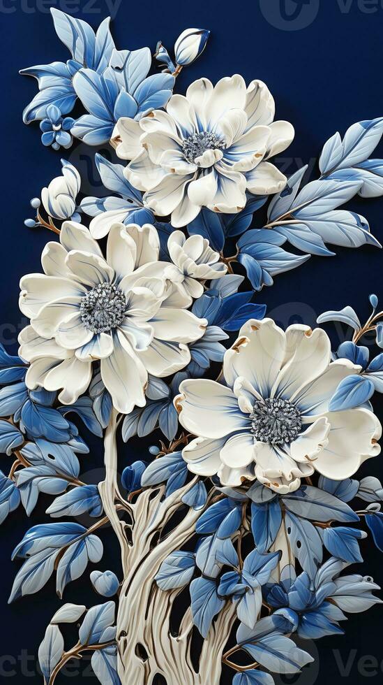 AI generated Stunning close-up photograph of blue and white flowers on a dark blue background. The flowers are arranged in a way that creates a sense of depth and dimension photo