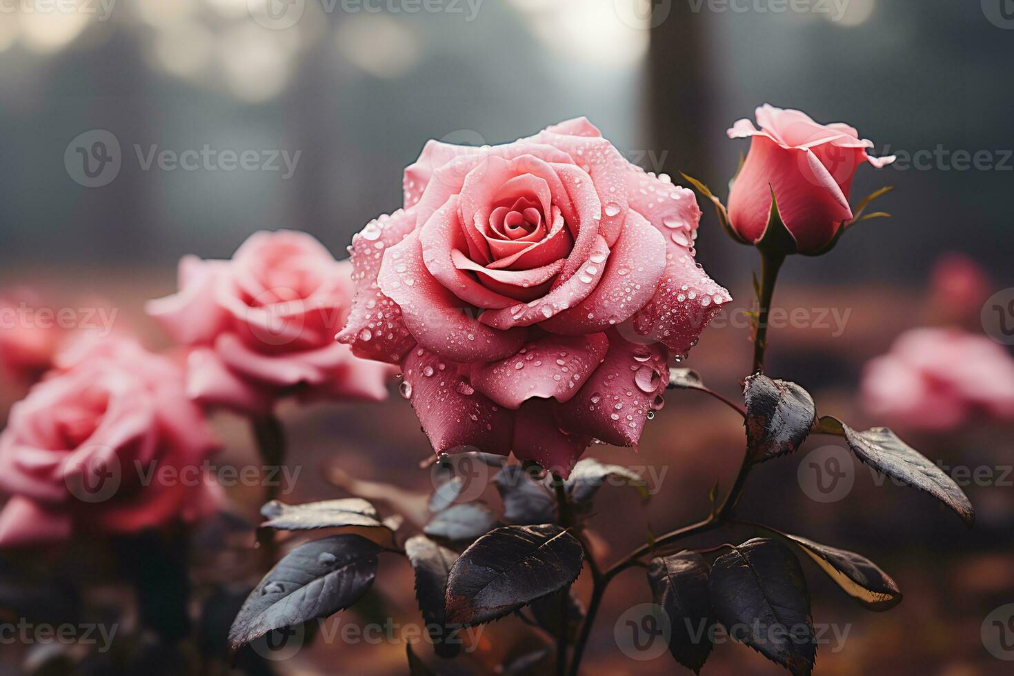AI generated a close up of a pink rose with dew drops on its petals. The rose is in full bloom and is the focal point of the image. The background is blurred and consists of other roses and foliage. photo