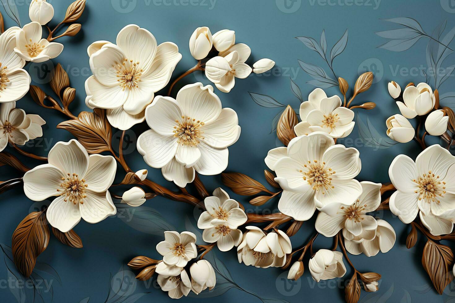 AI generated Close-up of bouquet of delicate white flowers with blue leaves arranged on blue background. Flowers in full bloom, petals soft and delicate. Blue leaves add unique contrast photo