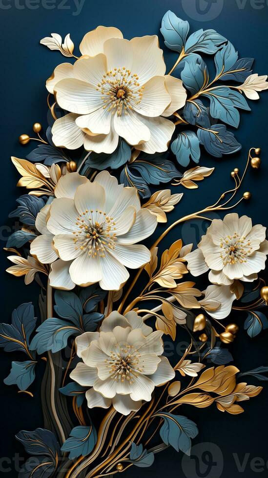 AI generated A close-up of a bouquet of white and gold flowers arranged on a blue background. The flowers are in full bloom and their petals are soft and delicate. photo
