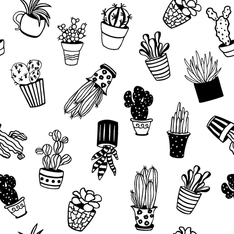 Seamless pattern with cute hand drawn vector cactus. Succulents and cacti in variety of pots on white.