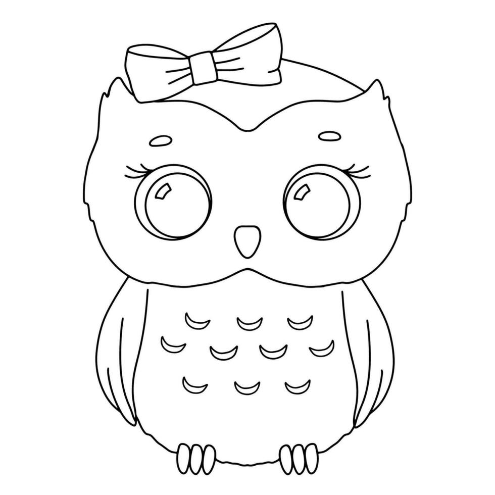 Cute little girl owl line with bow. Vector outline sketch for childish coloring book. Baby bird for kids