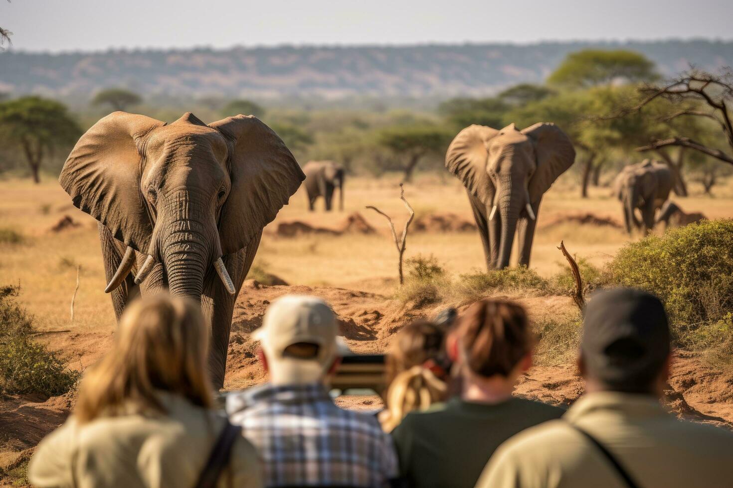 AI generated Group of tourists watching elephants in Tsavo East National Park, Kenya, A group of young people watch and photograph wild elephants on a safari tour in a national park, AI Generated photo