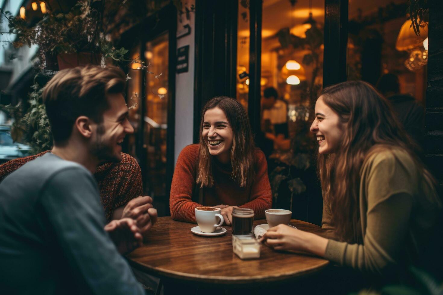 ai generado hermosa joven Pareja es hablando y sonriente mientras sentado en cafetería, un grupo de amigos disfrutando café juntos, ai generado foto