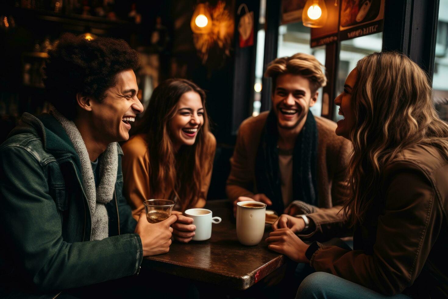 AI generated Group of young friends having a good time in a pub, drinking coffee and talking, A group of friends enjoying coffee together, AI Generated photo