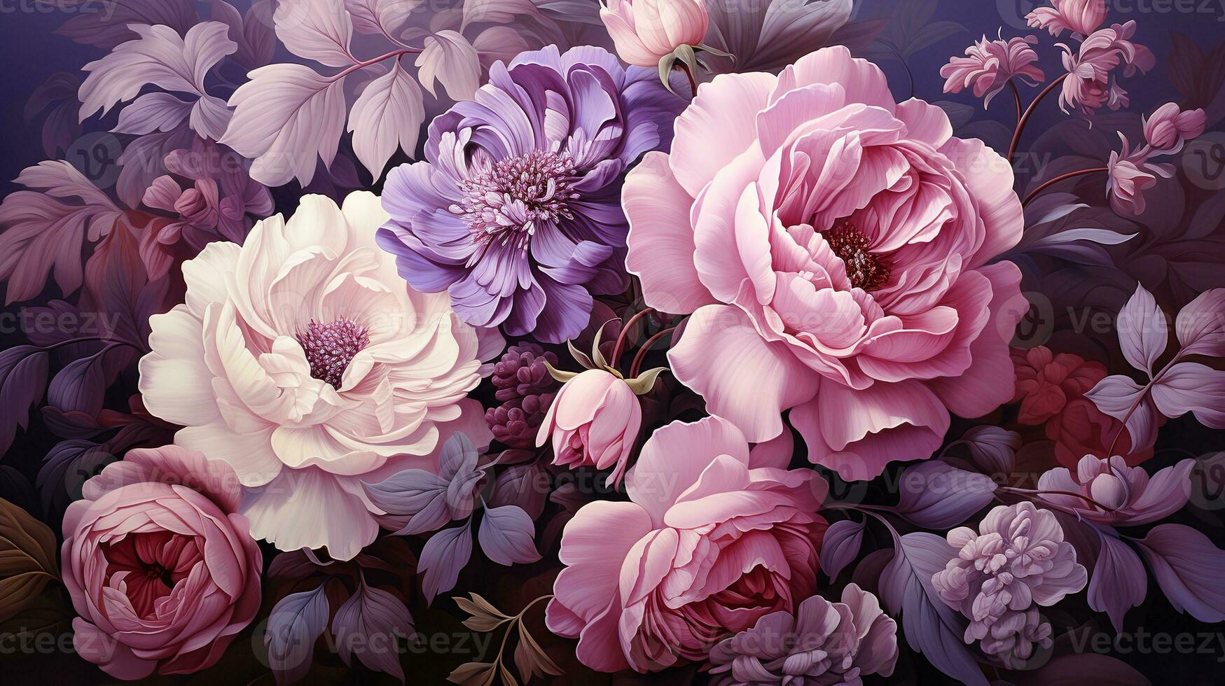 AI generated A bouquet of pink and red flowers in a vase, painted in a realistic style. The flowers are arranged in a way that makes the image stand out, and the colors are vibrant and eye-catching. photo