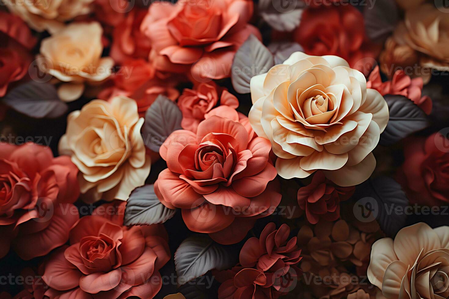 AI generated This close-up image of roses showcases the beauty of nature with its overlapping pattern of pink, orange, and white shades. The roses are arranged in a way that creates a sense of depth photo