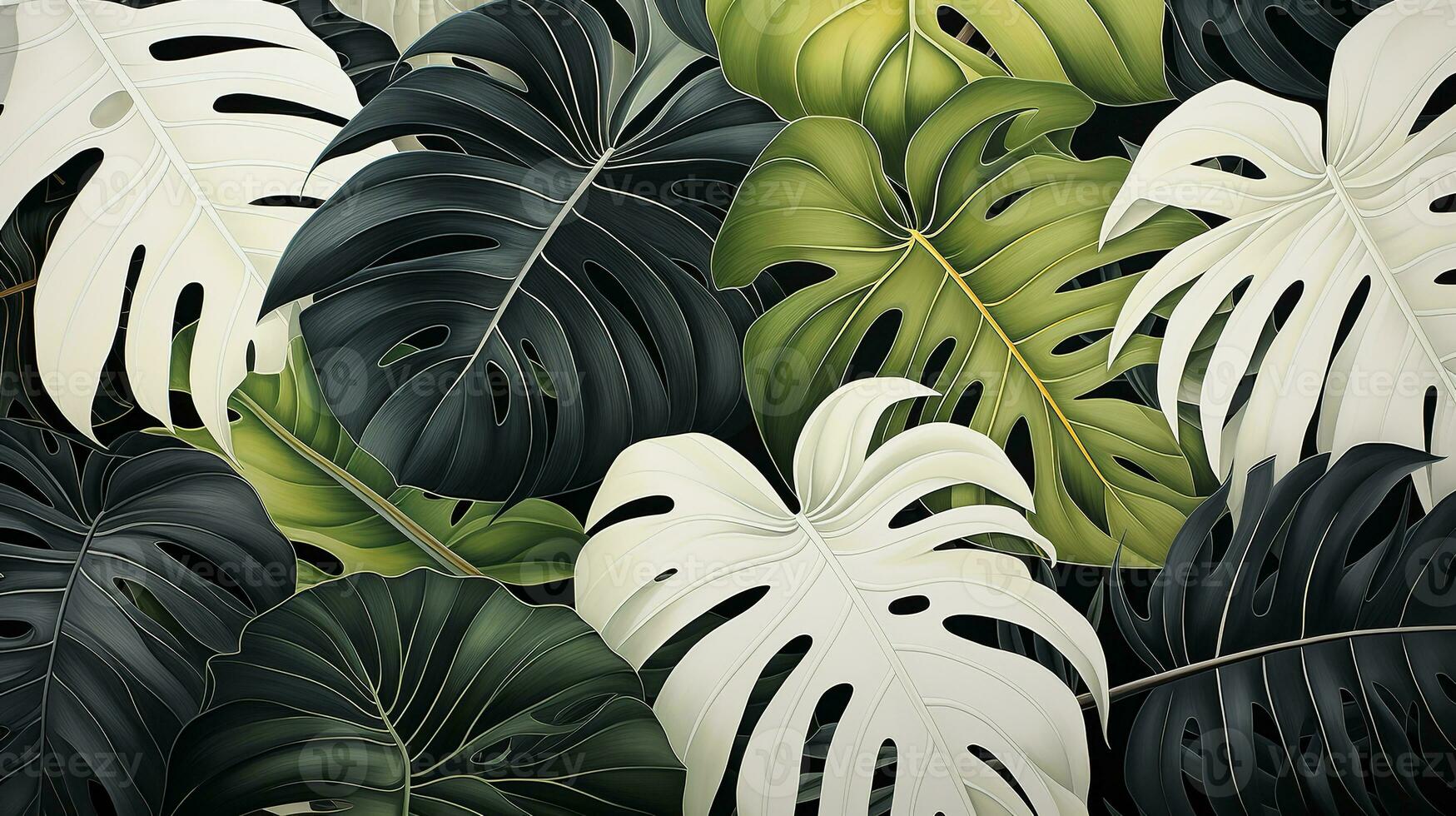 AI generated This high-quality and realistic rendering of monstera leaves showcases the beauty of nature with its overlapping pattern of green and white shades. photo