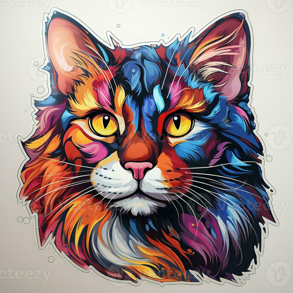 ai generado caprichoso acuarela ilustración de un gato cabeza, sus piel pintado en un vibrante paleta de colores. el gato ojos son grande y expresivo, y sus boca es rizado dentro un juguetón sonrisa. foto