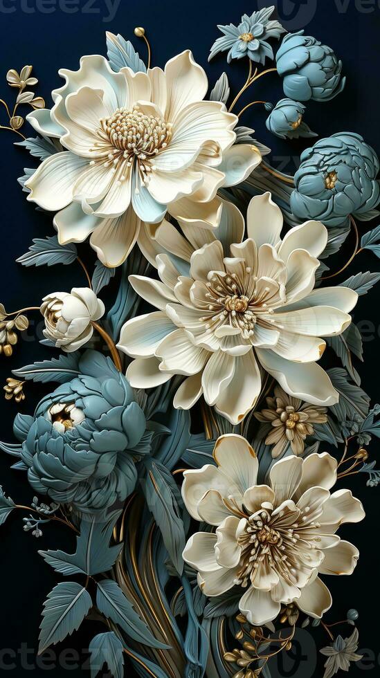 AI generated A stunning bouquet of blue and white delphiniums and lilies arranged against a dark backdrop. The delphiniums add a touch of elegance and sophistication photo