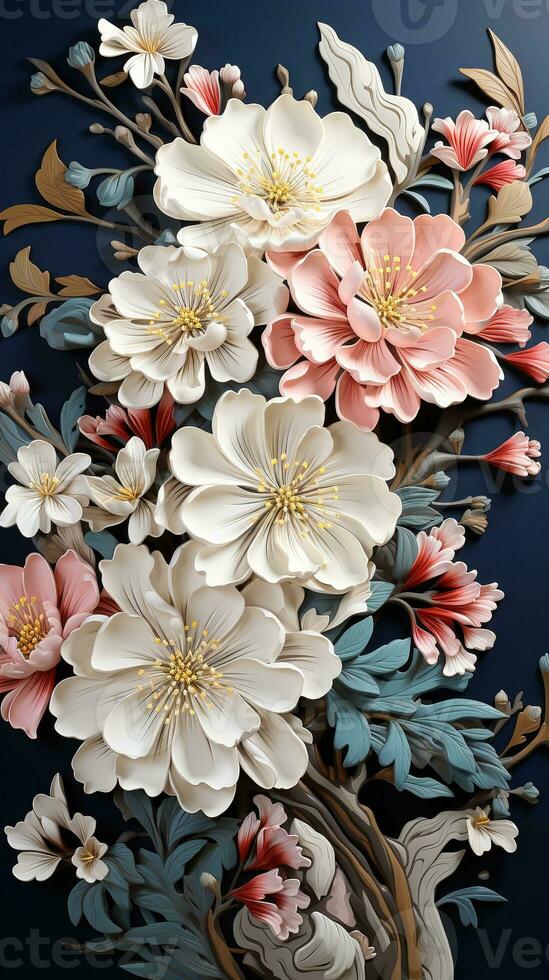 AI generated The flowers are white, pink, and red, and they are set against a dark blue background. The illustration is highly detailed, with each flower and leaf having its own unique shape photo