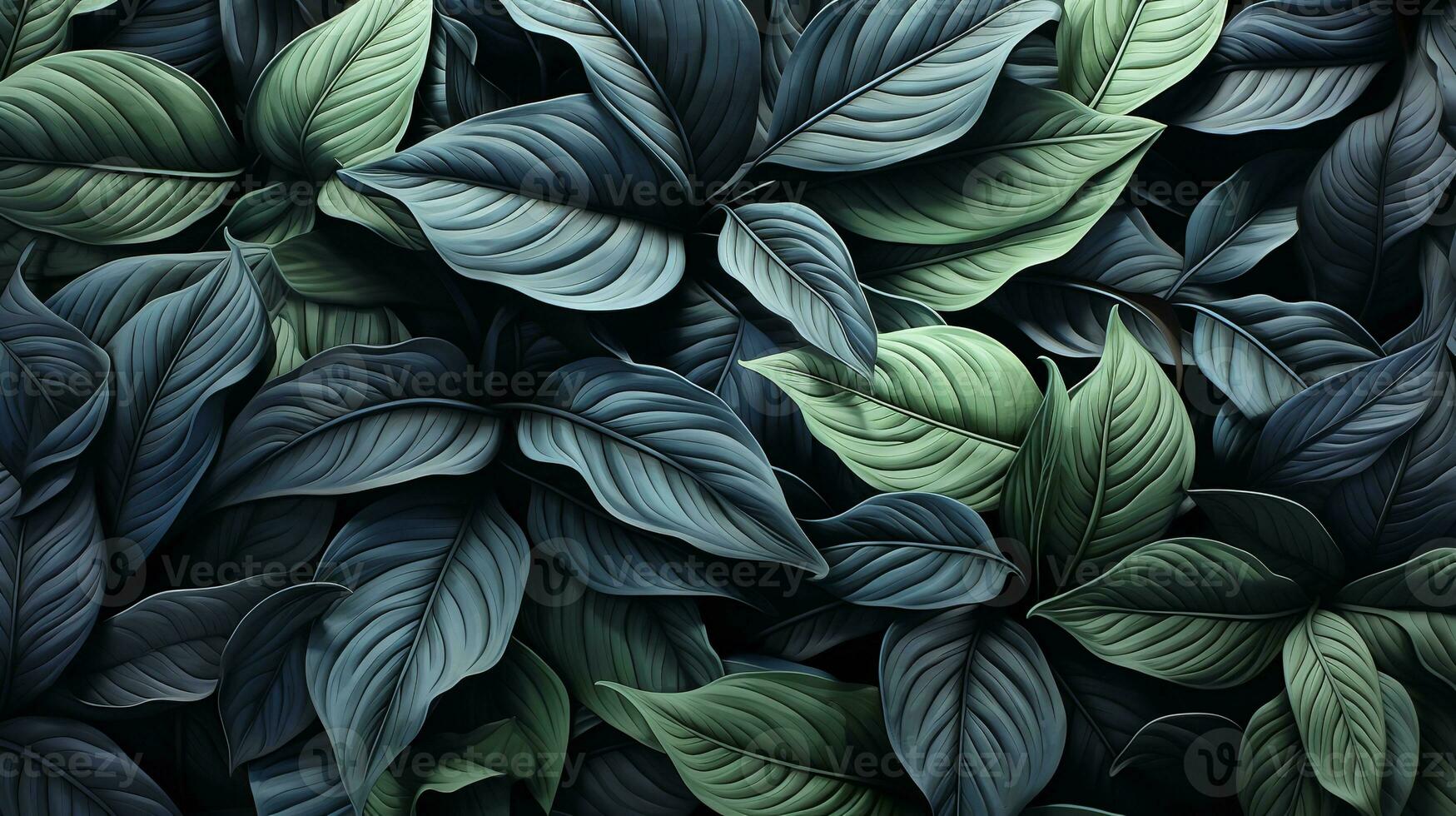 AI generated This closeup image of leaves showcases nature beauty with its overlapping pattern of blue and green shades. photo