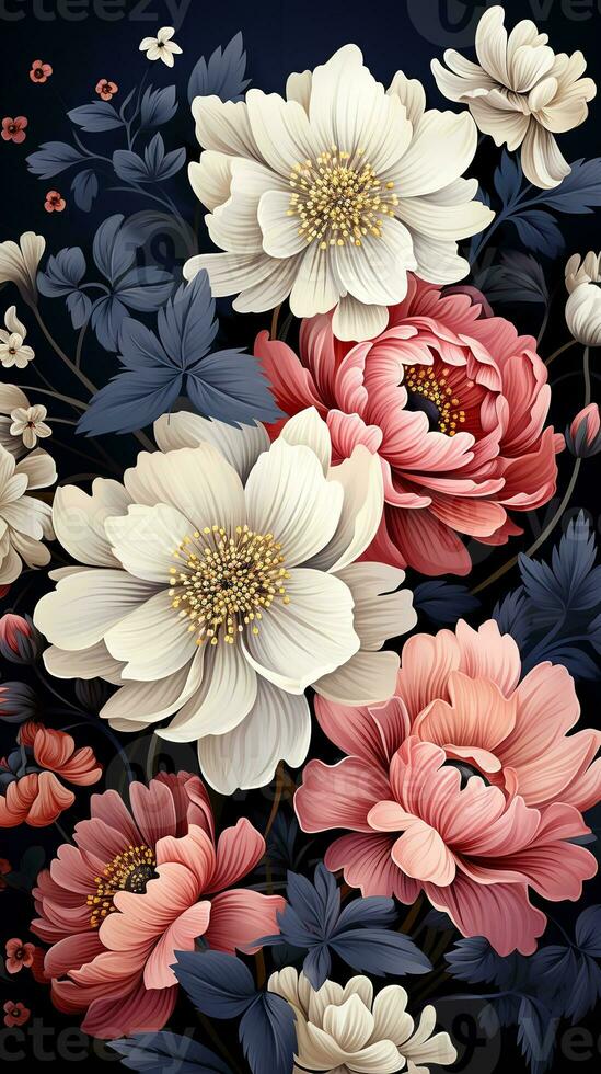 AI generated a beautiful and intricate illustration of a bouquet of flowers in various shades of red, orange, and pink. The flowers are set against a dark blue background photo