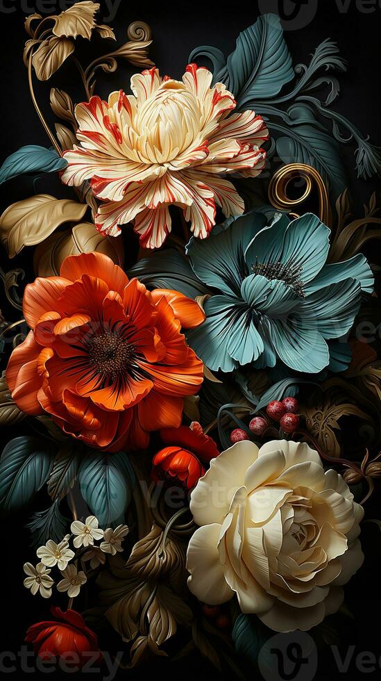 AI generated This digital art image of a baroque-style bouquet of flowers showcases the beauty of nature with its intricate patterns and textures on the flowers and leaves. photo