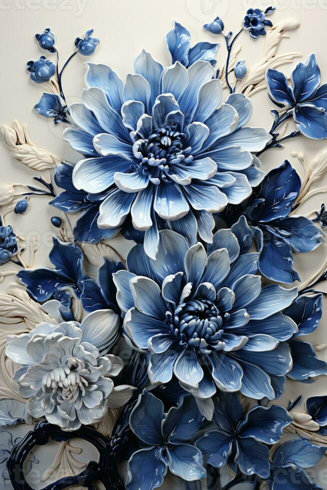 AI generated This beautiful 3D rendering of blue and white flowers and leaves is perfect for a background or wallpaper. The flowers are in full bloom and the leaves are detailed and lifelike. photo