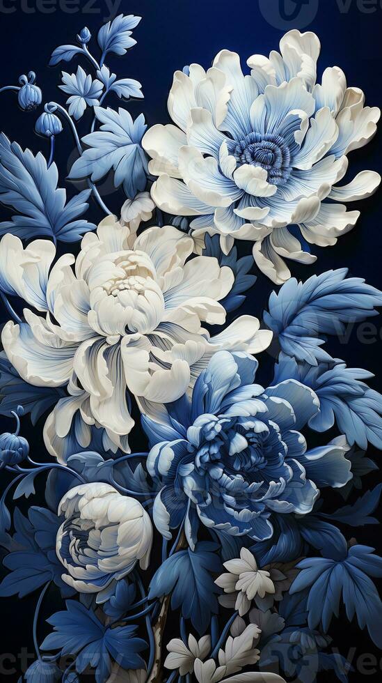 AI generated A close-up of a blue and white flower reveals the delicate petals and vibrant colors of this beautiful bloom. The flower is perfectly centered in the frame photo