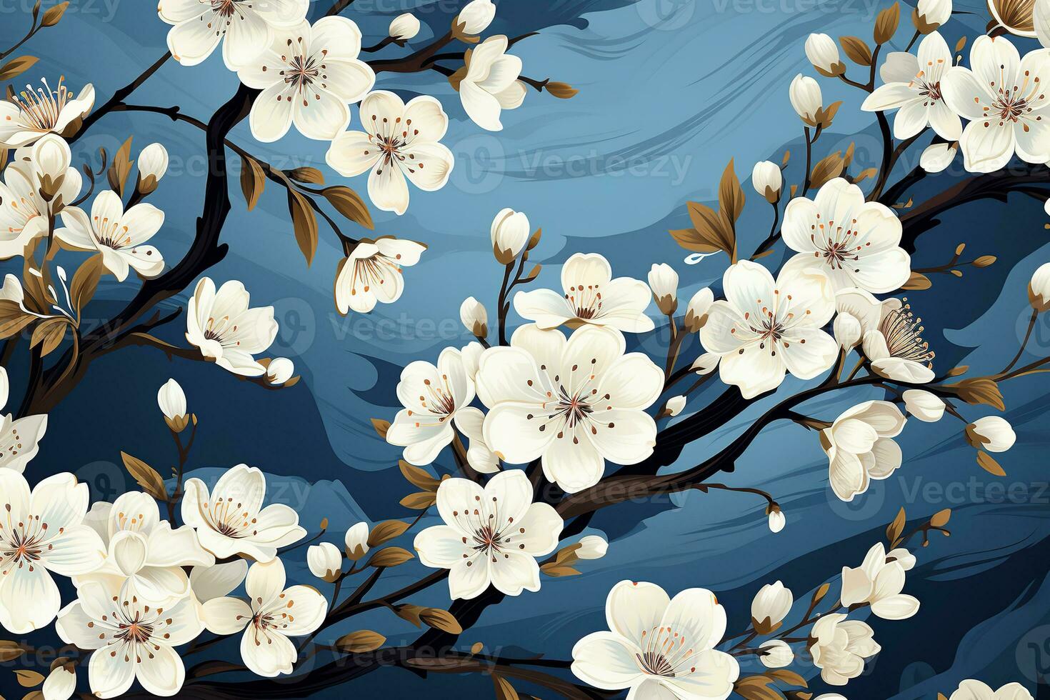 AI generated Stunning macro photograph of a white flower with delicate petals and sparkling water droplets, captured against a vibrant blue backdrop photo