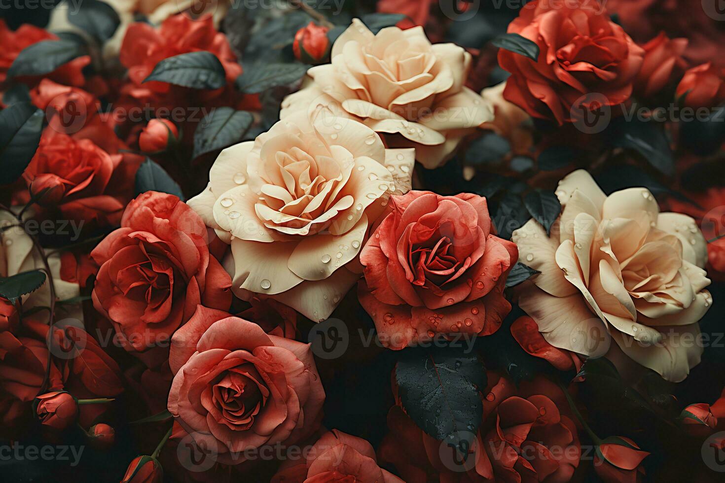 AI generated This close-up image of roses showcases the beauty of nature with its overlapping pattern of red and pink shades. The roses are covered in dew drops and the background is filled photo