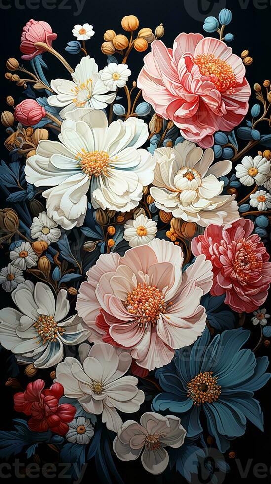 AI generated Elegant and mesmerizing bouquet of white flowers with delicate petals, captured against a stark black background. The soft colors and intricate details of the flowers are beautifully photo