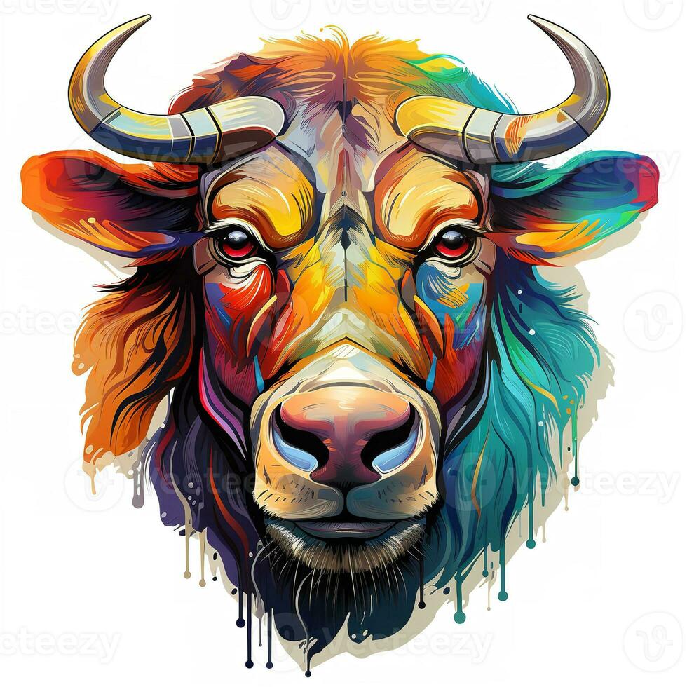 AI generated This vibrant and eye-catching image depicts a colorful wildebeest head with intricate patterns and bold colors. The wildebeest horns are curved photo