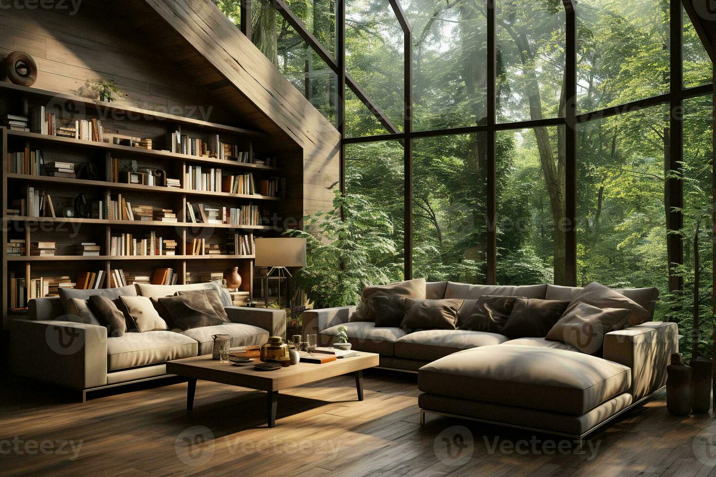 AI generated A spacious and inviting living room with a white couch, black coffee table, and bookshelf filled with books and plants. The white couch is large and comfortable photo