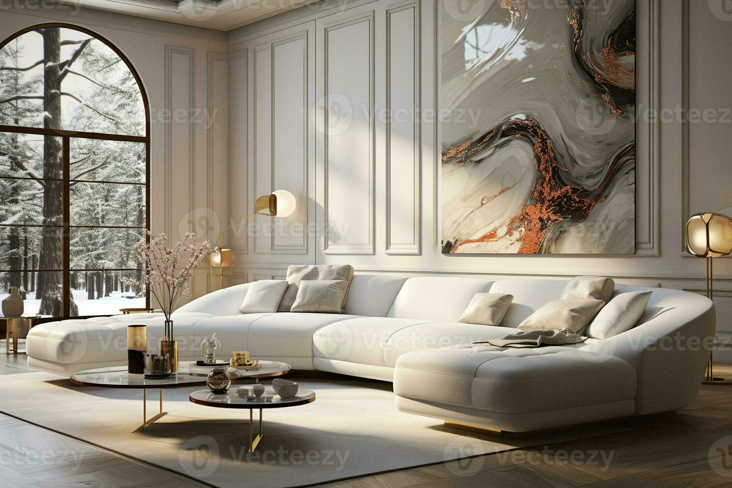AI generated A stylish living room with a large white couch, black coffee table, and colorful rug. The white couch is the focal point of the room, providing ample seating for guests photo