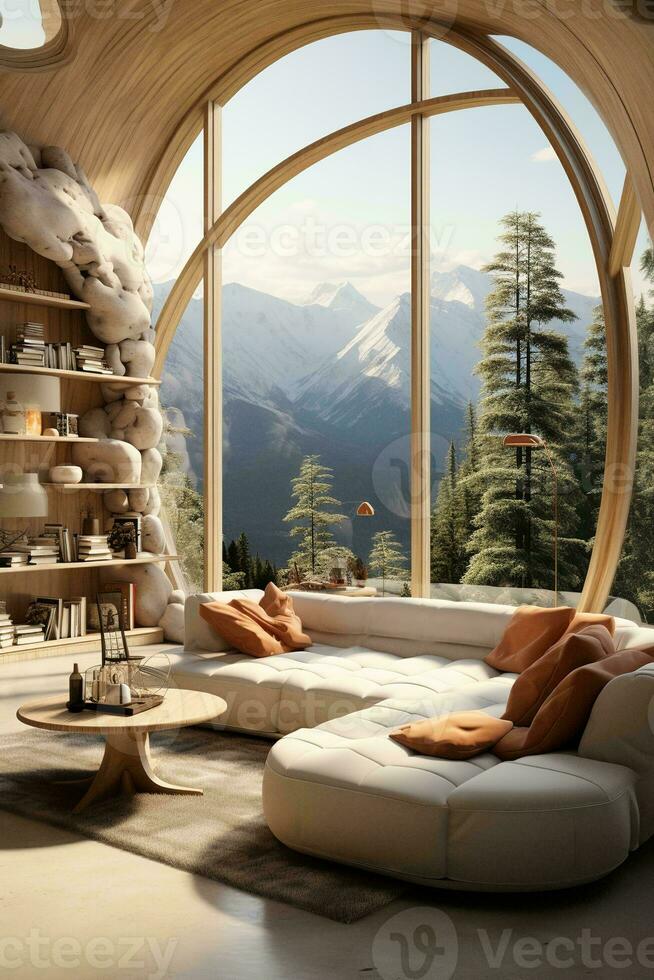 AI generated A cozy living room with a large window overlooking the mountains, perfect for enjoying the stunning views. The room is furnished with a comfortable couch, coffee table, and rug photo