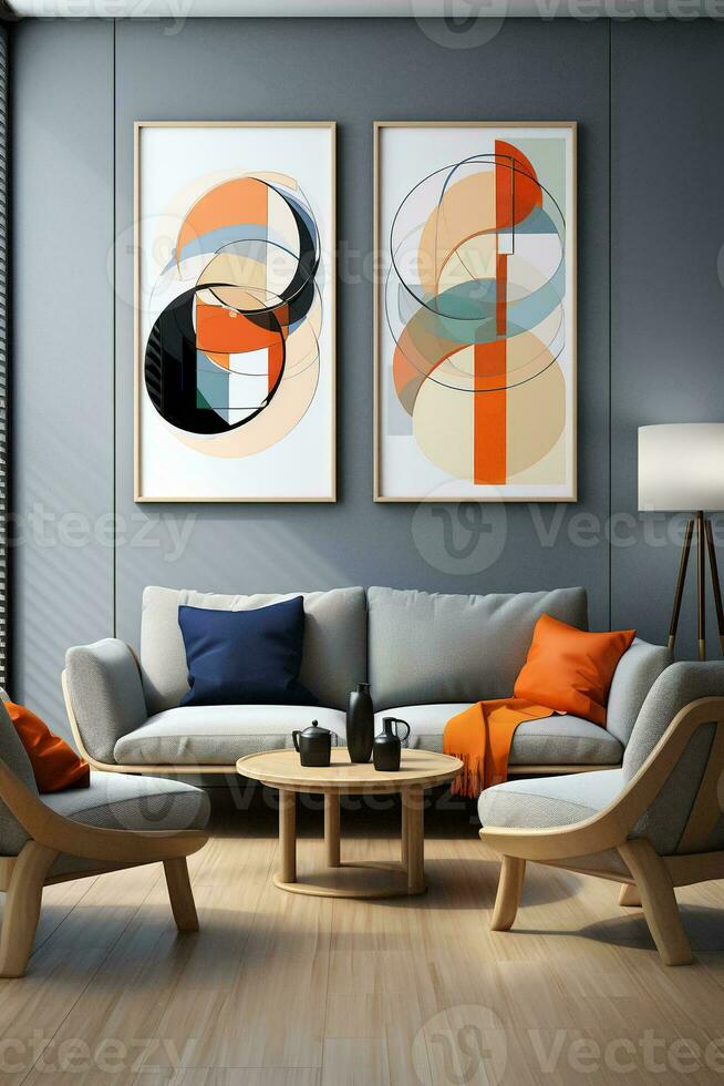 AI generated Inviting and spacious living room with a white sectional couch, coffee table, and rug. The room has large windows that let in plenty of natural light, and the walls are painted a color photo