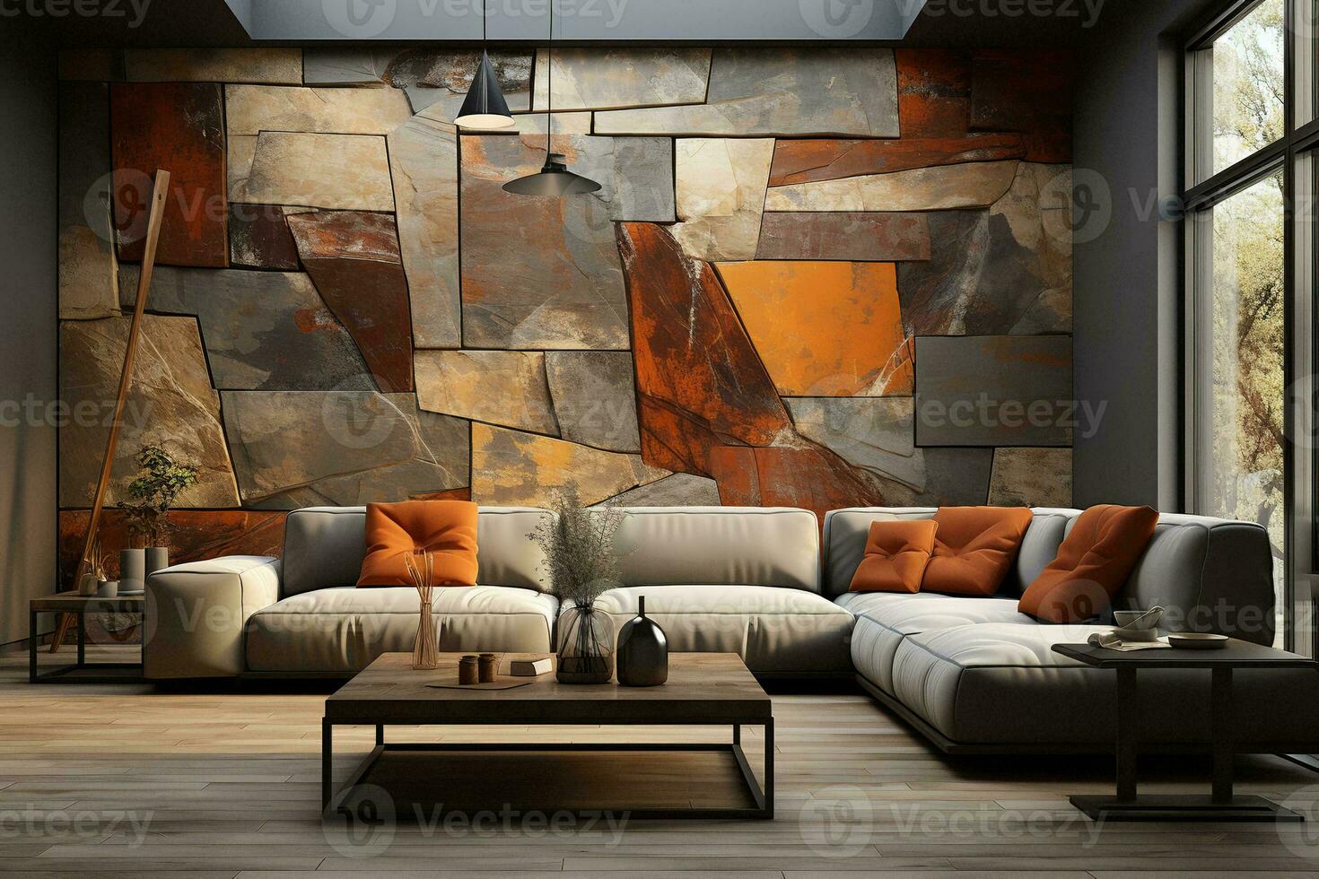AI generated Stylish and spacious living room with a gray sectional couch, white coffee table, and large TV mounted on the wall. The room has high ceilings and hardwood floors photo