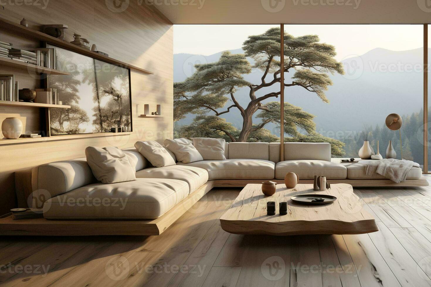 AI generated A modern living room with a gray couch, coffee table, and TV on a white wall. The gray couch is large and comfortable, with plenty of room to relax and unwind. photo