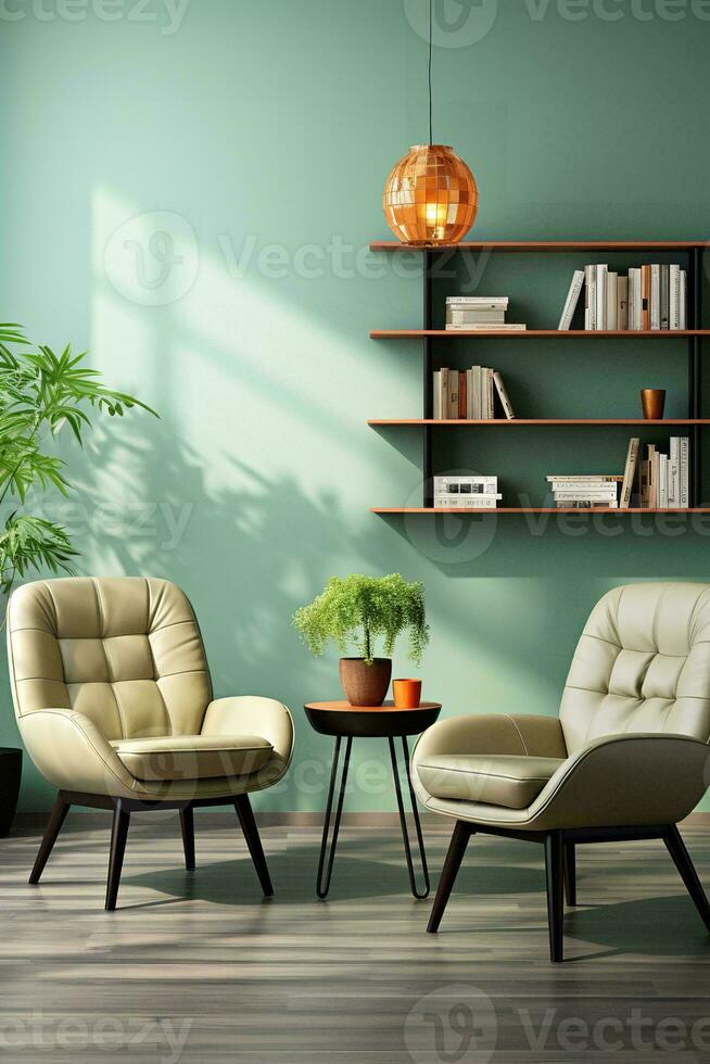AI generated A cozy living room with a large window and a wooden table, perfect for relaxing and enjoying the views. The room is furnished with a comfortable couch photo