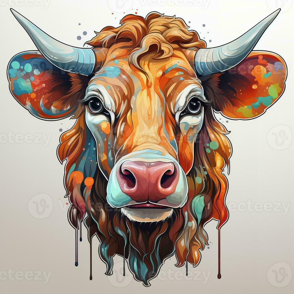AI generated A close-up of a cow head, painted in a vibrant and colorful style. The cow has long, flowing hair and dramatic horns. The artist has used a variety of brushstrokes photo