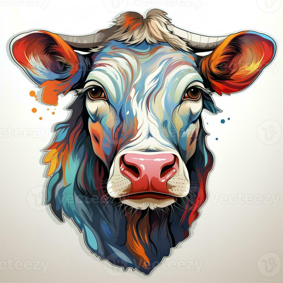 AI generated Striking digital art of a cow's head, its fur rendered in a vibrant palette of colors, including red, blue, green, and yellow. The cow's horns and eyes glow with neon lights, photo