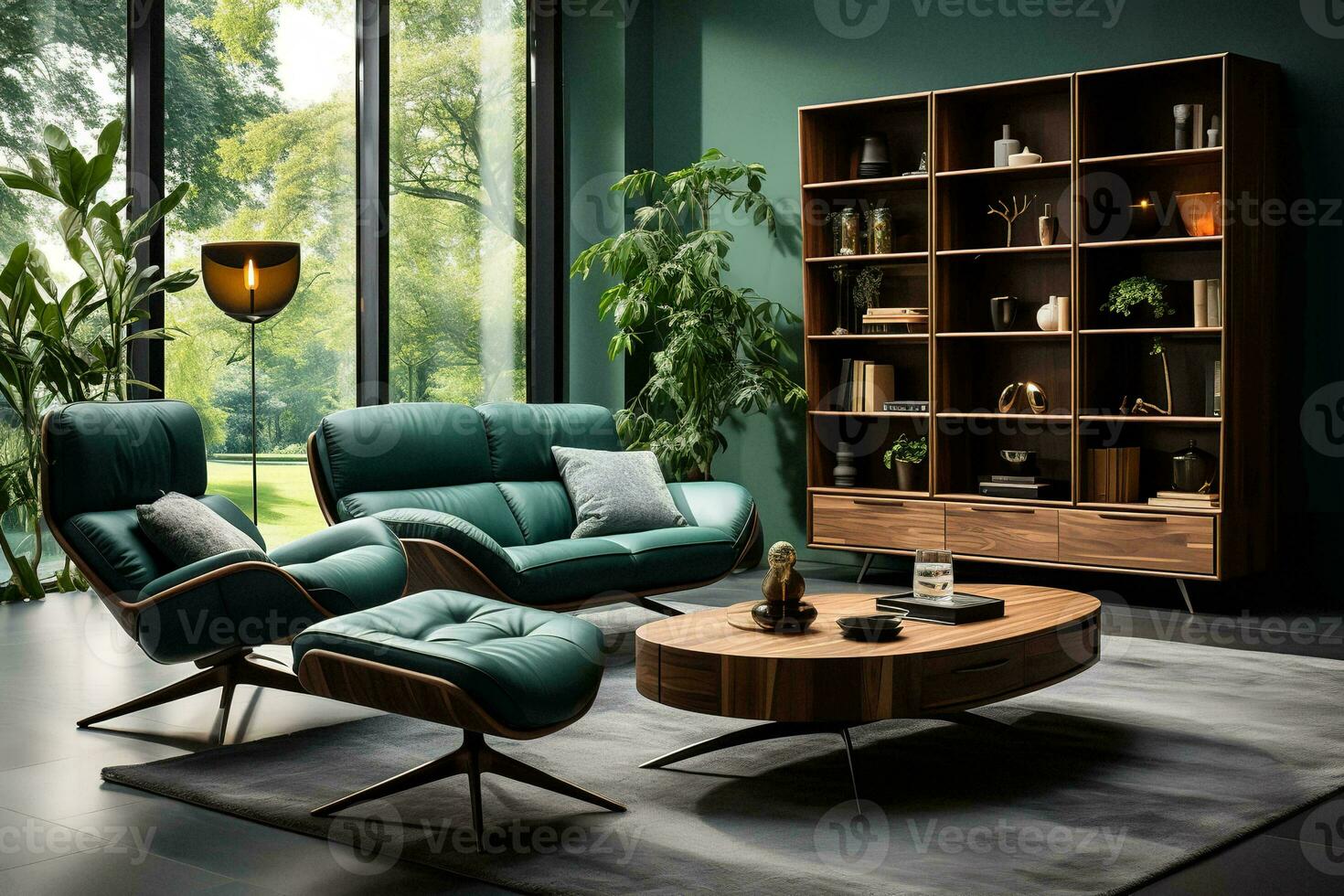 AI generated Stylish and inviting living room with a modern gray couch, white coffee table, and large window overlooking a lush forest. The couch is placed in front of the window photo