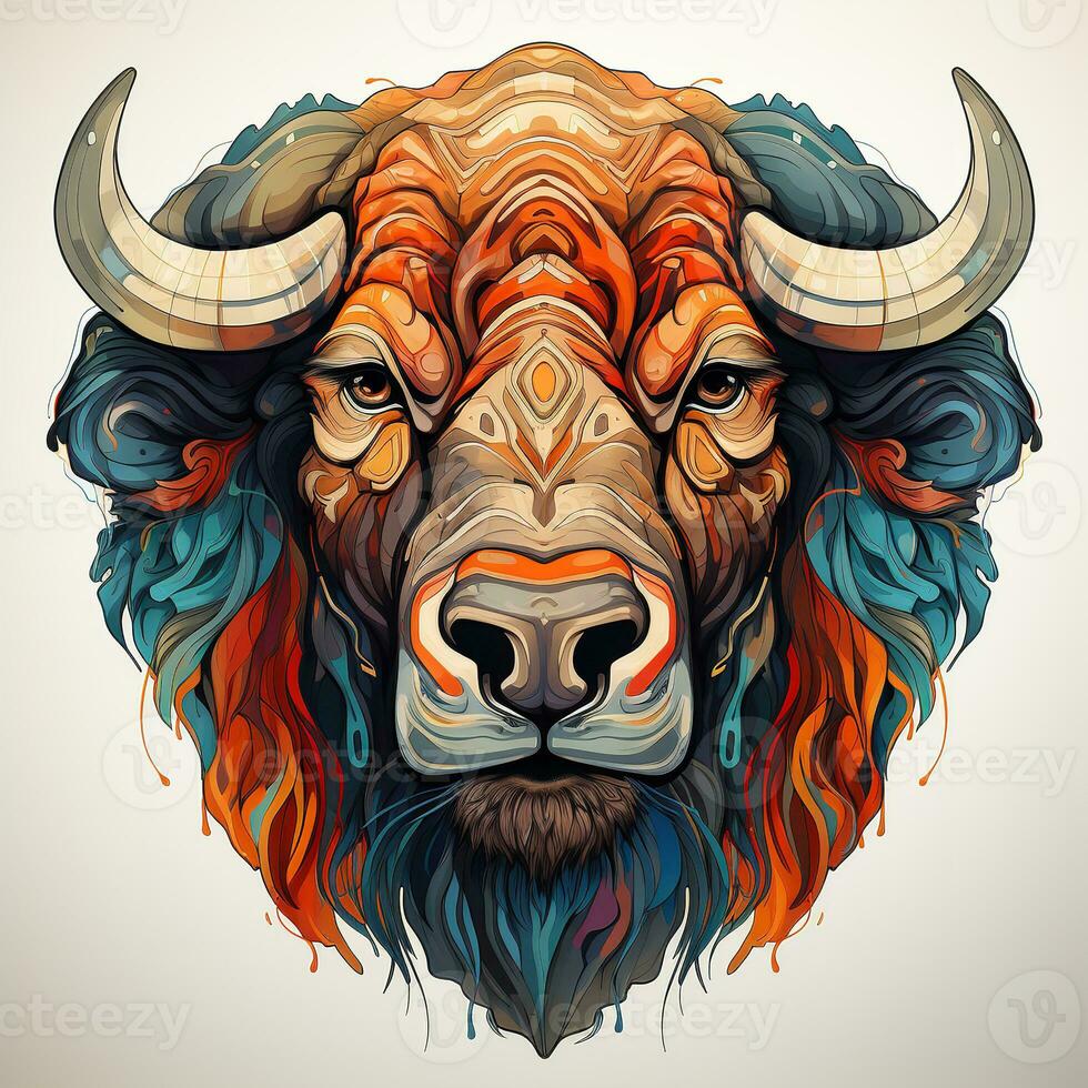 AI generated This mesmerizing digital art depicts a colorful buffalo head with a variety of patterns and textures, isolated on a white background. The buffalo head is adorned with a vibrant photo