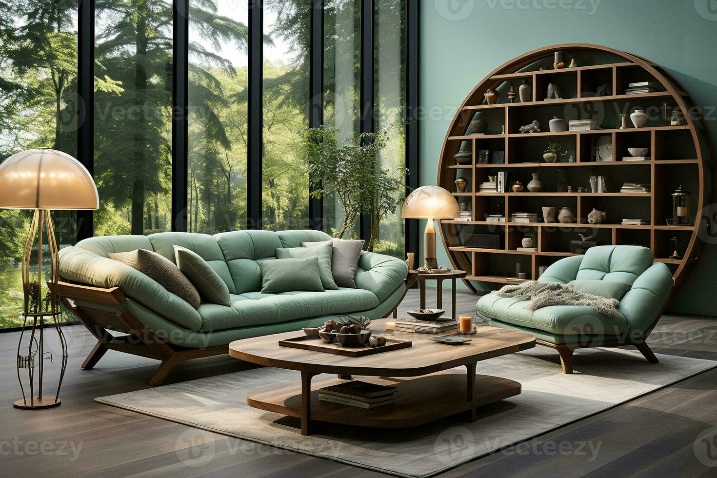 AI generated Spacious and inviting living room with a white sectional couch, ottoman, and large window overlooking a mountain range. The couch and ottoman are placed in front of the window photo