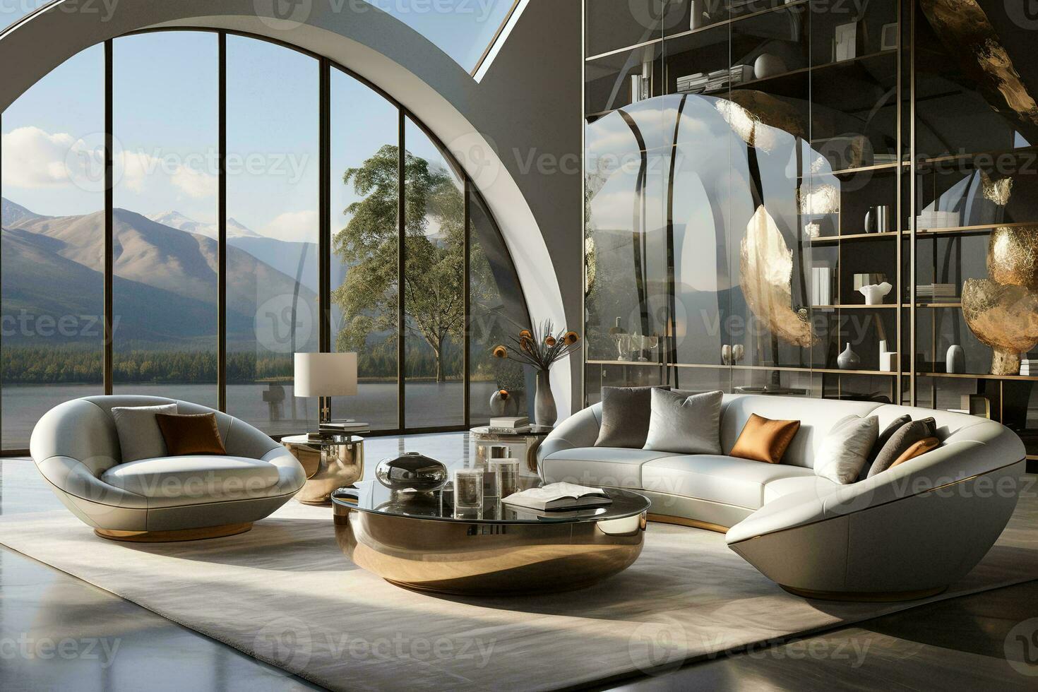 AI generated A cozy living room with a sectional couch, coffee table, and fireplace. The sectional couch is large and comfortable, with enough room for the whole family to relax. photo