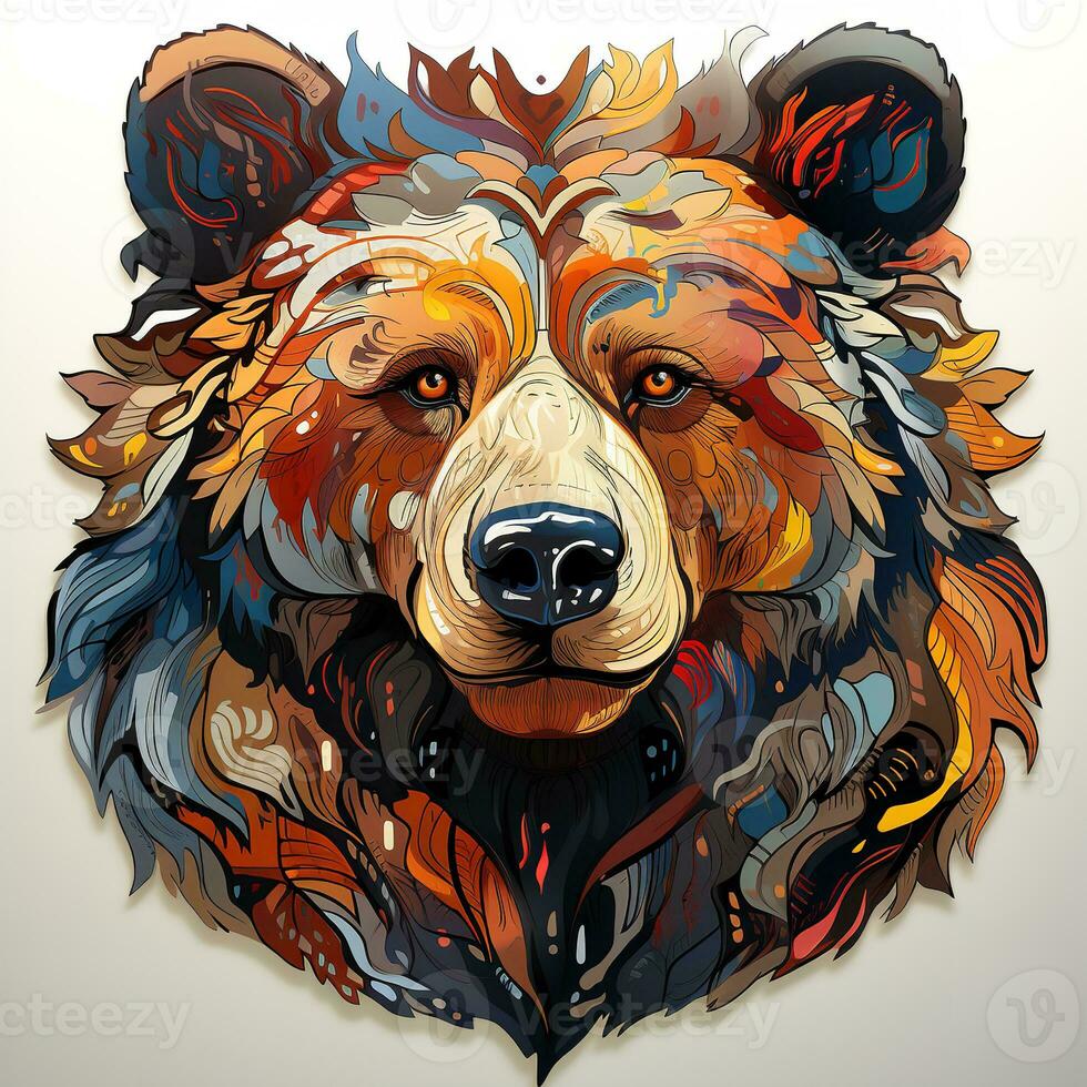 AI generated Whimsical and vibrant digital art of a colorful bear head with a pattern on its fur, isolated on a white background. The bear's fur is made up of a variety of colors photo