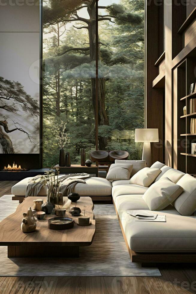 AI generated Cozy and inviting rustic living room with a brown leather couch, wooden coffee table, and fireplace. The room is decorated with natural materials and textures, such as wood, stone photo