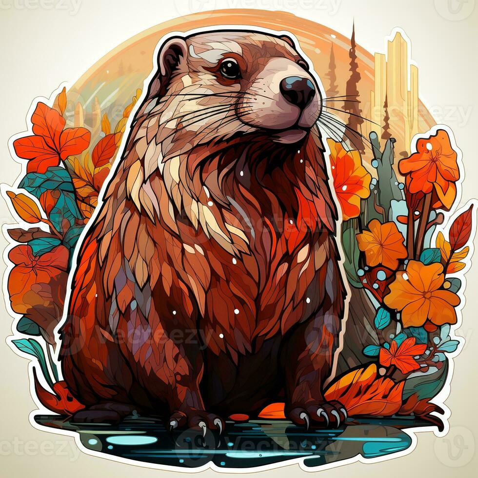 AI generated This charming digital art depicts a beaver sitting in a field of flowers, isolated on a white background. The beaver is depicted in a whimsical and playful style, photo