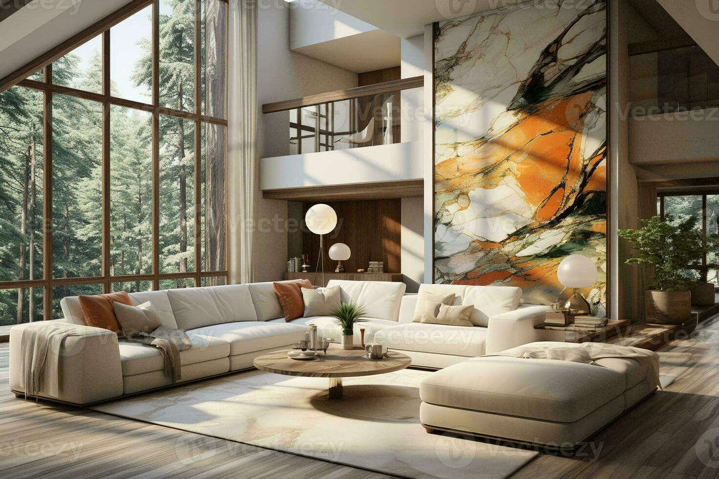 AI generated A cozy living room with a sectional couch, coffee table, and rug, perfect for relaxing and unwinding. The sectional couch is large and comfortable photo