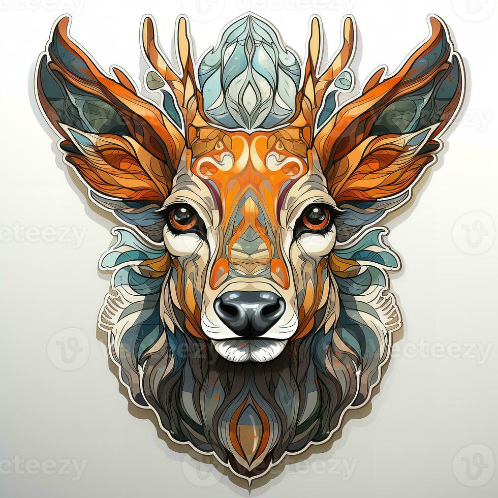 AI generated A beautiful digital art illustration of a deer with a crown of flowers on its head. The deer has bright orange fur and green eyes, and its crown is made of a variety of flowers in colors photo