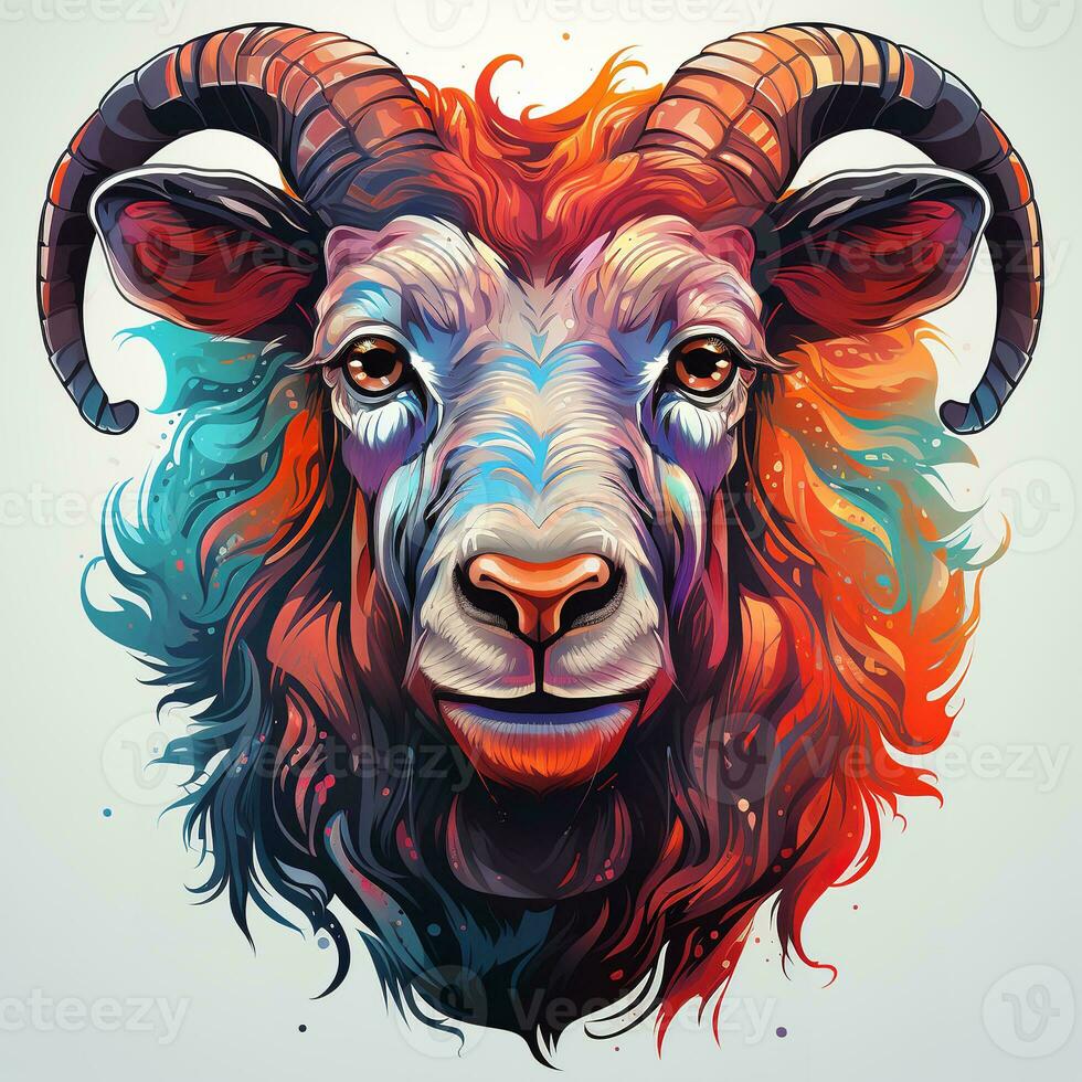 AI generated Highly detailed digital painting of a goat head with long, spiraled horns and a colorful mane. The goat face is turned towards the viewer, revealing its bright and intelligent eyes photo
