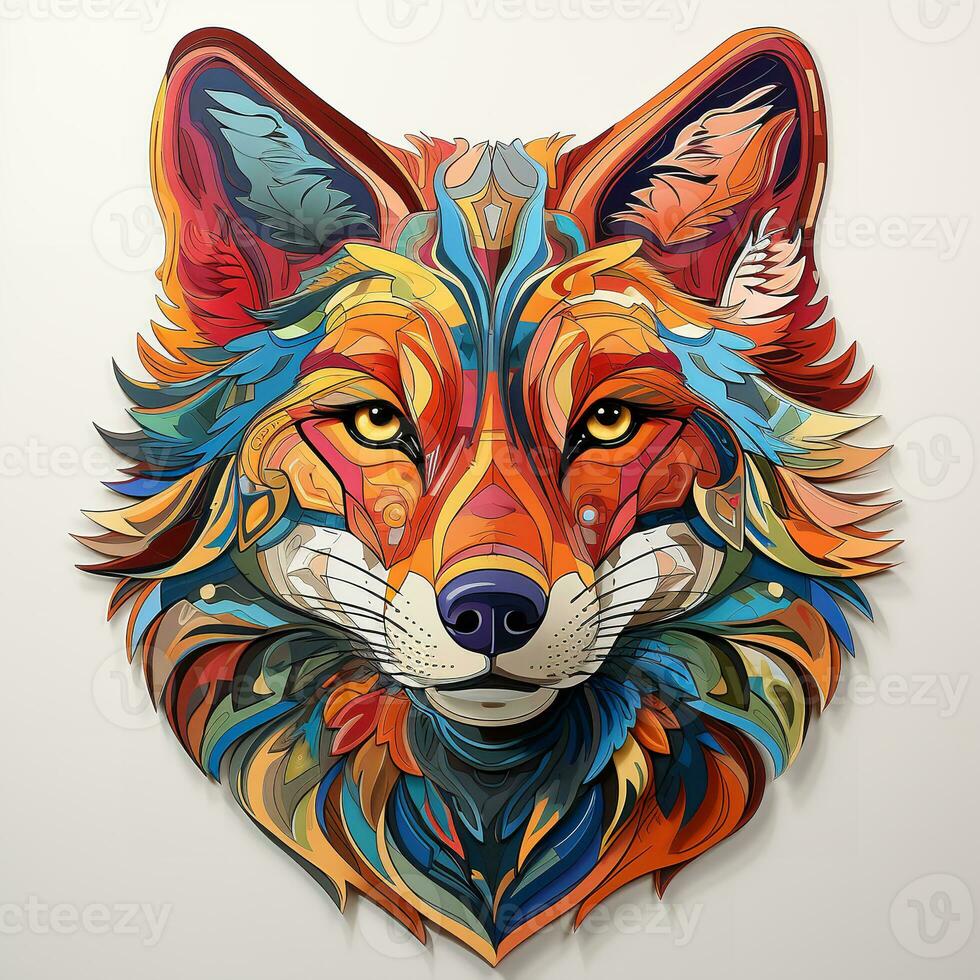 AI generated A digital illustration of a colorful fox head, adorned with leaves and flowers, on a white background. The fox has bright orange fur, and the leaves and flowers are in a variety of colors photo