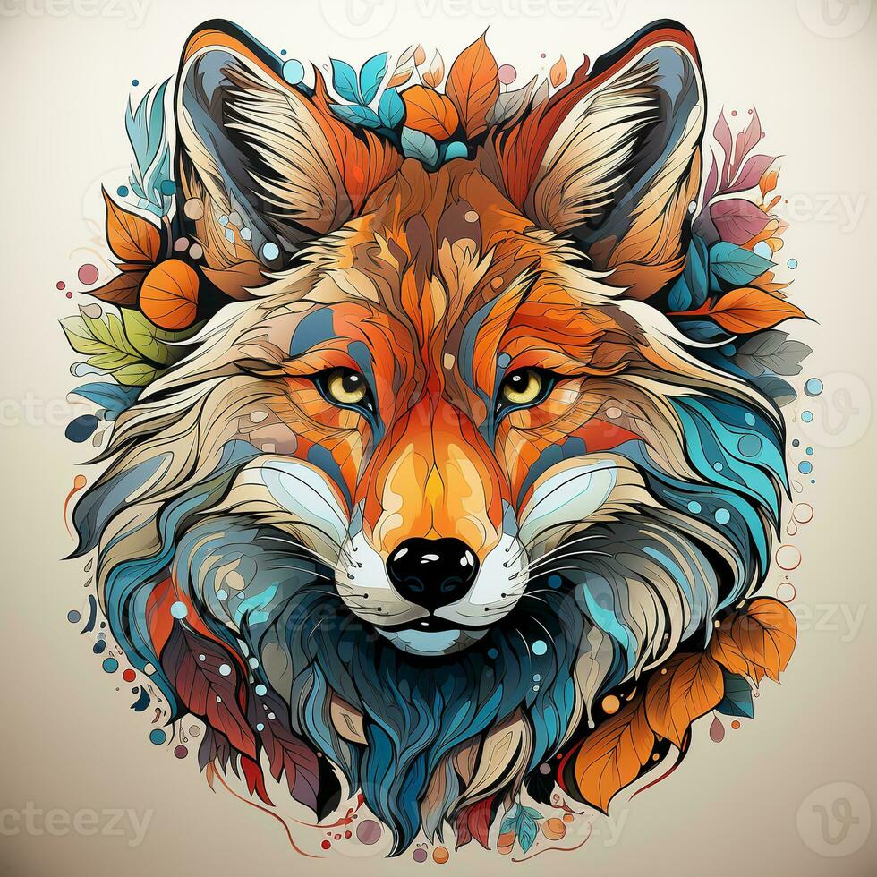 AI generated A stained glass fox head in a variety of colors, including red, orange, yellow, and blue, on a white background. The fox's eyes are closed and its mouth is open. photo