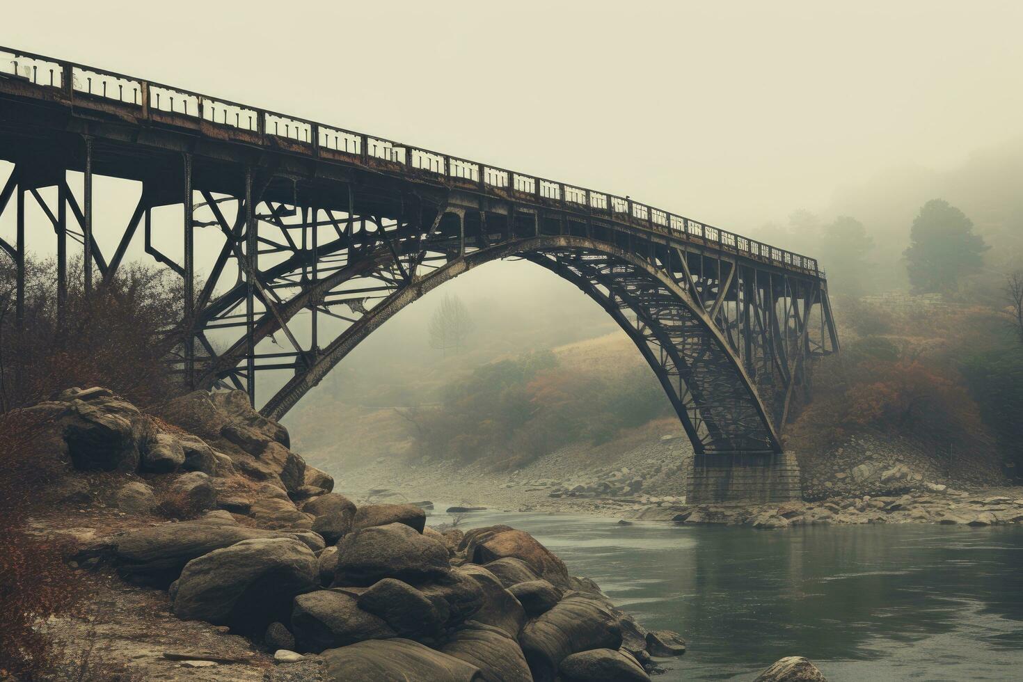 AI generated Old railway bridge over the river in foggy day. Toned, Vintage bridge , AI Generated photo