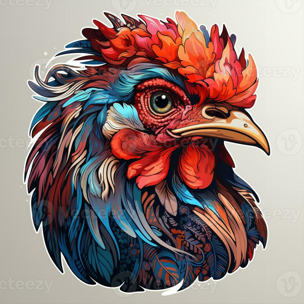 AI generated Vivid digital painting of a hen head, with its bright red comb and wattles standing out against a plain white background. The hen eyes are large and intelligent, photo