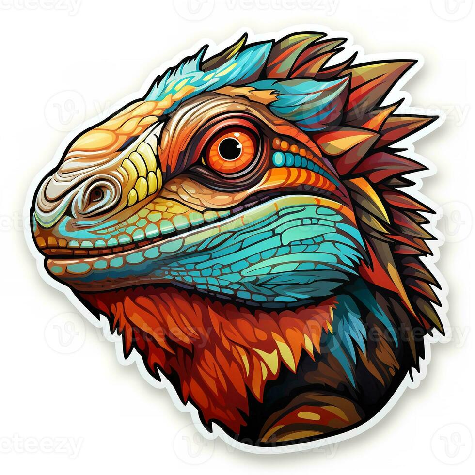 AI generated Stunning digital art of an iguana head, its scales rendered in a vibrant palette of colors, including green, yellow, blue, and purple. The iguana's large eyes are bright and intelligent photo