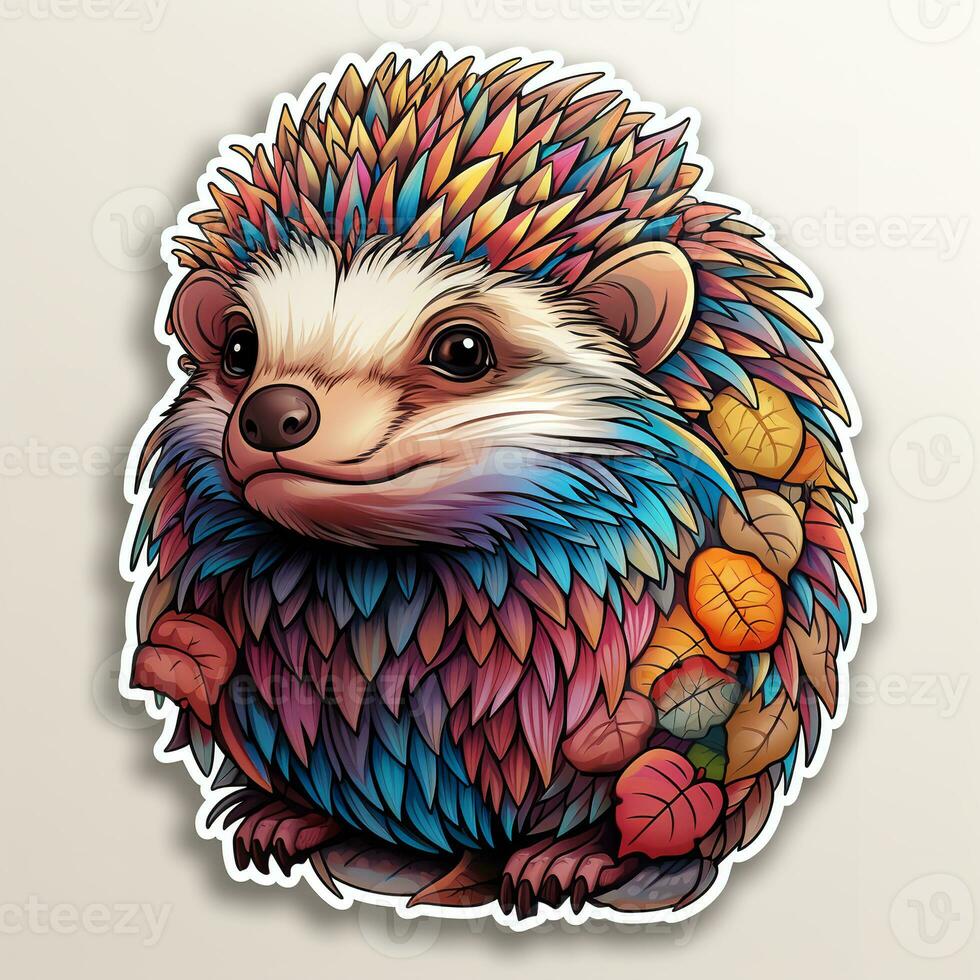 AI generated Vivid digital painting of a hedgehog with a colorful coat and leaves on its back, set against a plain white background. The hedgehog eyes are large and expressive photo